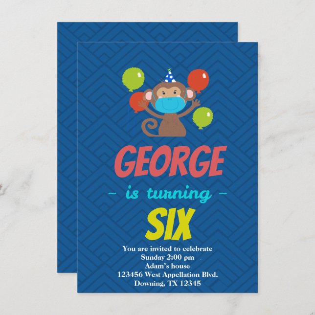 Máscara de macaco infantil personalizada Convite d (Frente/Verso)