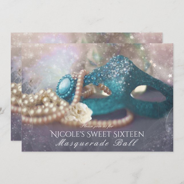 Máscara de mascarada e Pérolas Convites de festas  (Frente/Verso)