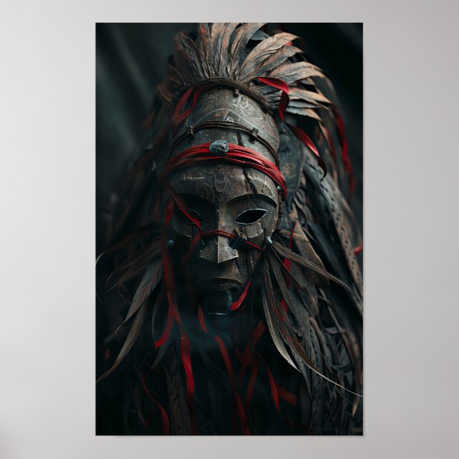 Máscara de Shaman castanha com penas e Poster verm (Frente)