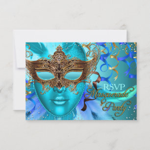Máscara Dourada Teal Pena Festa de Mascarada RSVP