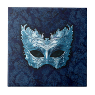 Máscara Veneziana Azul sobre Fundo de Damasco Azul