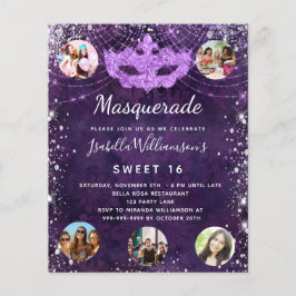 Mascarada de orçamento roxo Sweet 16 convite