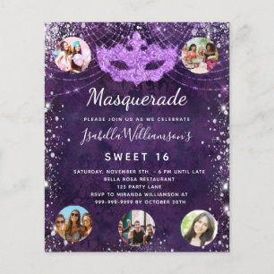 Mascarada de orçamento roxo Sweet 16 convite