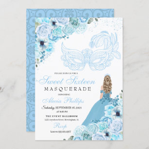 Mascarada Floral Azul Céu Doce 16 Convite