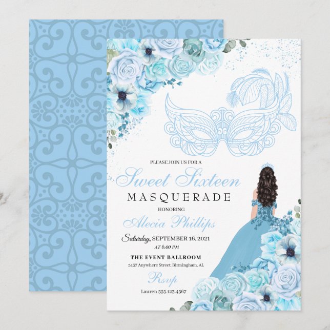 Mascarada Floral Azul Céu Doce 16 Convite (Frente/Verso)