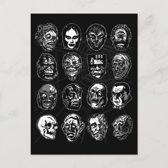 Máscaras de Monstros Arte de Terror Cartão Postal  (Frente)