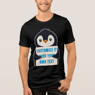 Mascote de pinguim segurando uma placa para texto