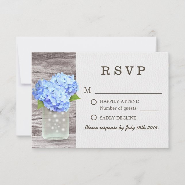 Mason Jar Blue Hydrangea Barn Wood Weding RSVP (Frente)