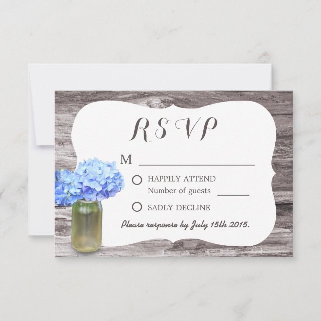 Mason Jar Blue Hydrangea Wood Weding RSVP (Frente)