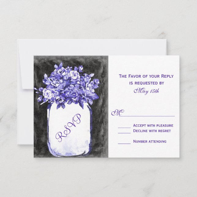 Mason Jar Flowers Chalkboard Indigo RSVP Cards (Frente)