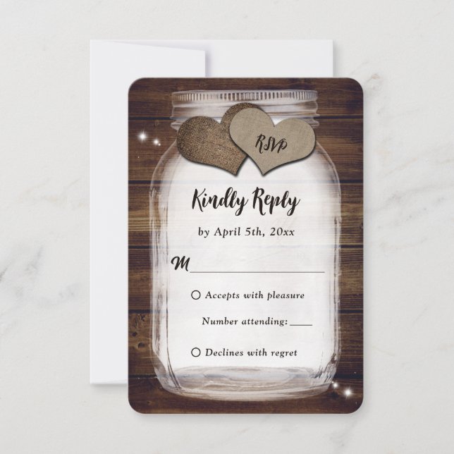 Mason Jar Rustic Country Burlap Heart Wedt RSVP (Frente)