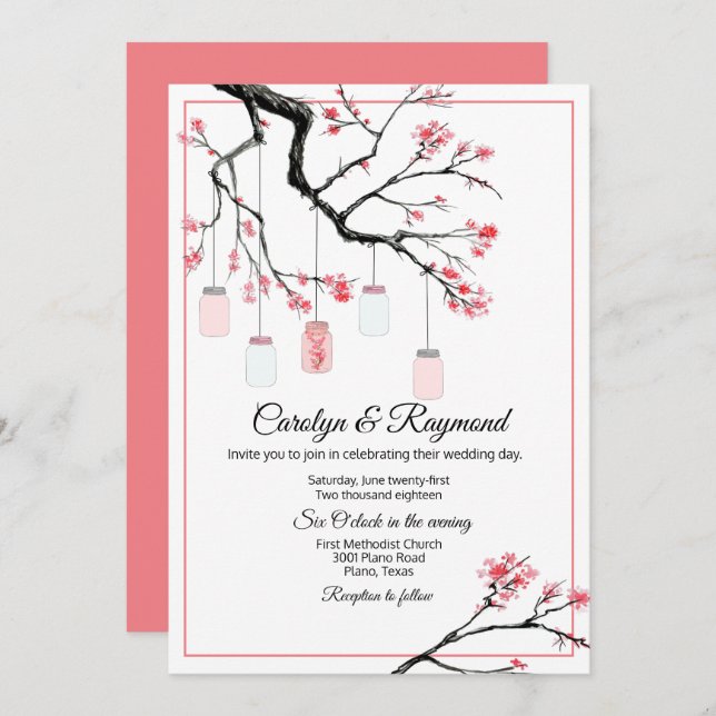 Mason Jar sobre o Convite para Casamento de Árvore (Frente/Verso)