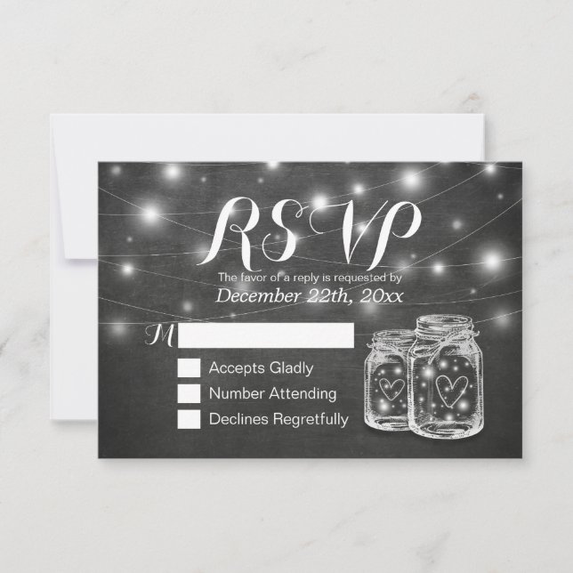 Mason Jar & String Lights Chalkboard Weding RSVP (Frente)