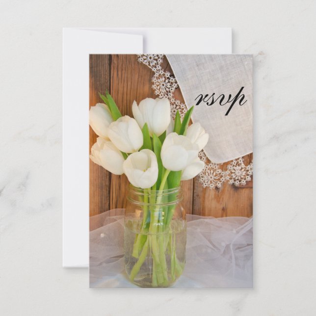 Mason Jar White Tulips Country Barn Weding RSVP (Frente)