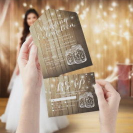 Mason Jars String Luz Rustic Wood Weding RSVP