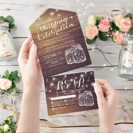 Mason Jars String Luz Rustic Wood Weding RSVP