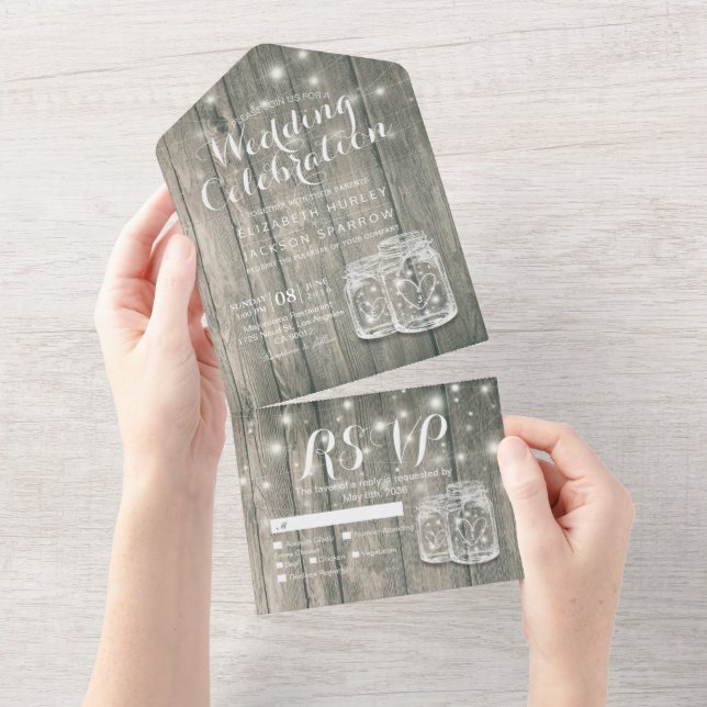 Mason Jars String Luz Rustic Wood Weding RSVP (Aba destacável)