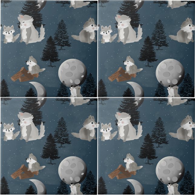 Matilha de Lobo Fofo Céu Noturno da Floresta Lua (Cute Wolf Pack Woodland Night Sky Moon Ceramic Tile)