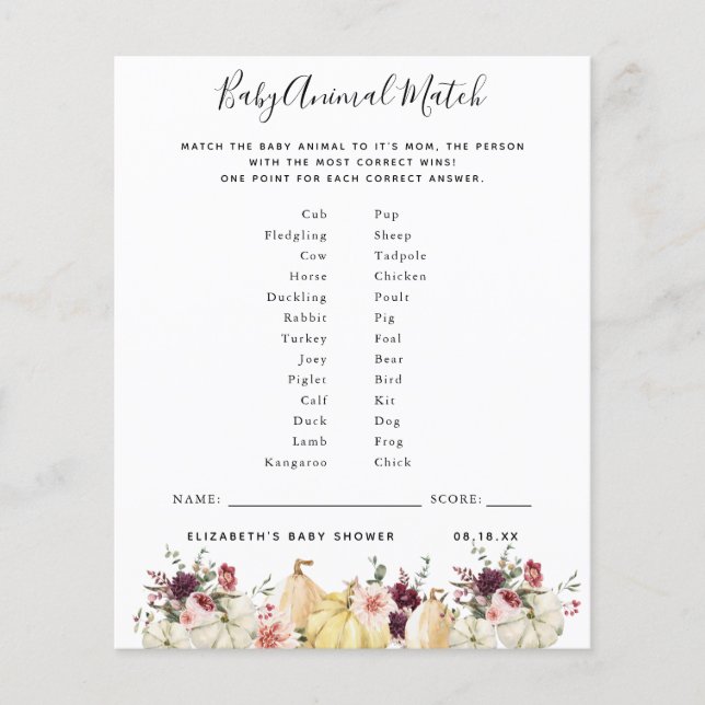 Matriz de Animais de Bebê | Jogo Chá de fraldas (Frente)