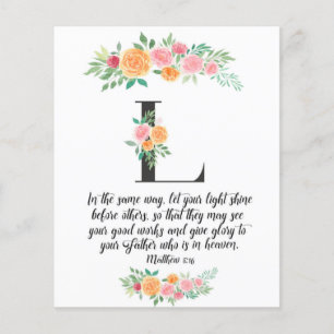 Matthew 5:16, letra L, placa de script de aquarela