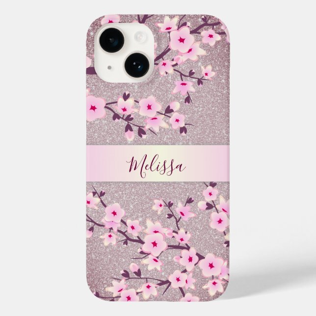 Mauve Glitter Floral Cherry Blossoms Monograma (Verso)
