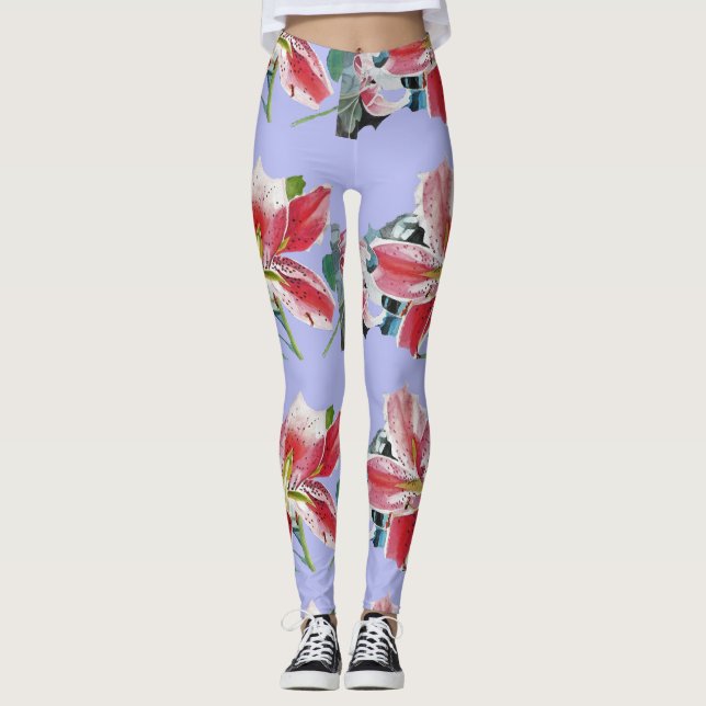 Mauve Lilac Lily floral art aquarela Leggings (Frente)
