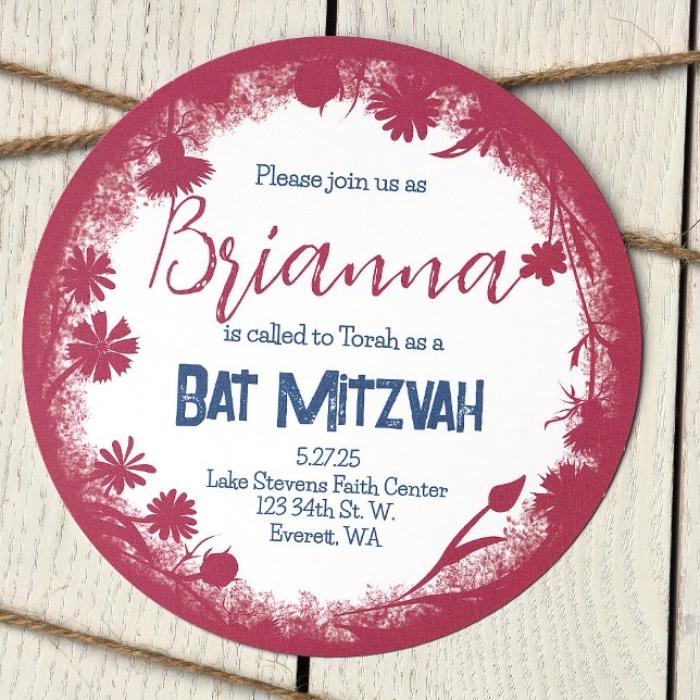 Mauve Pink, Marinho Blue Bat Mitzvah Convite (Unique Vintage pink and navy blue, wild flower botanical bat mitzvah invitations)