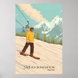 Mayrhofen Áustria Pôster de Viagens Esqui em Tábua