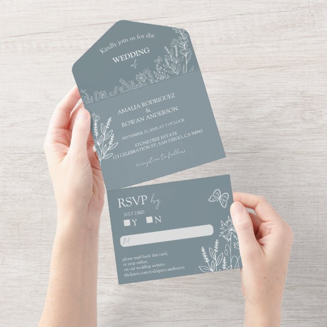 Meadow Flowers Blue Cinza Weding RSVP (Aba destacável)