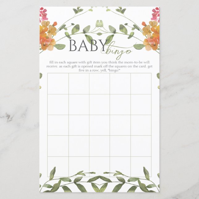 Meadow Flowers Watercolor Baby Shower Bingo Game (Frente)