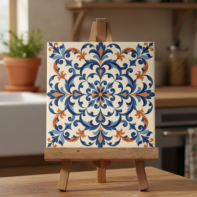 Mediterranean Azulejo Style Navy Blue and Orange (Criador carregado)
