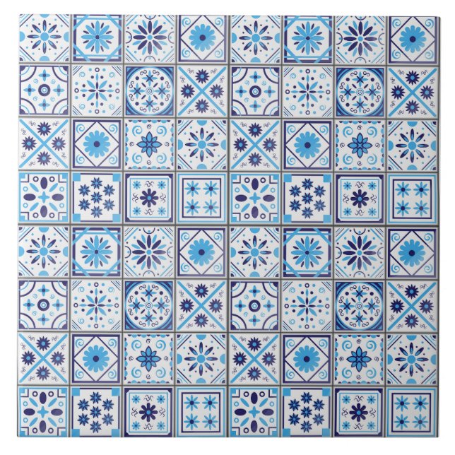 Mediterranean Blue White Tile Pattern Watercolor  (Frente)