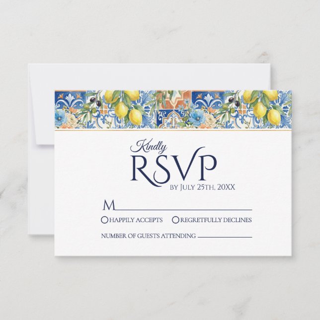 Mediterranean Lemon Tile Blue Wedding RSVP Cards (Frente)