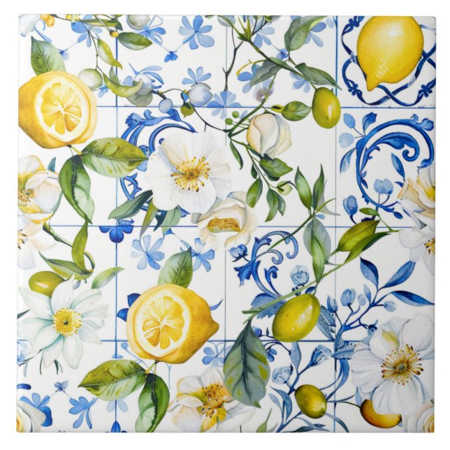 Mediterranean Watercolor Blue Pattern and Citrus (Frente)