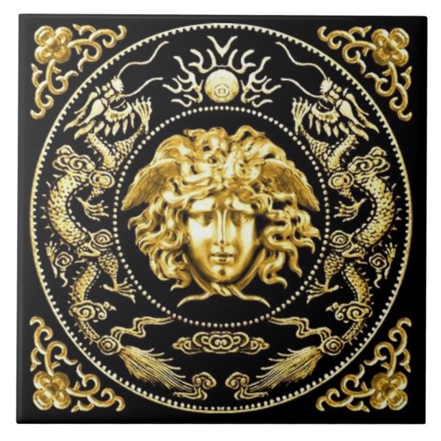 Medusa Dourada e Azulejo de Parede Embelezado (Frente)