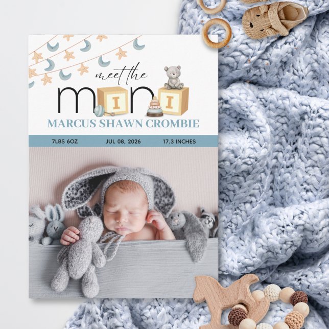 Meet The Mini Blue Baby Birth Announcement Card (Criador carregado)