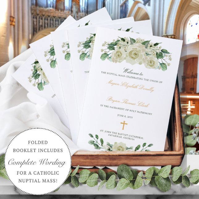 Megan Dourado Programa de Cerimônia de Casamento C (White floral Catholic wedding program with gold cross and calligraphy script)