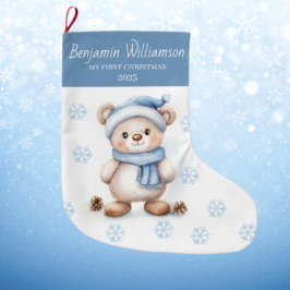 Meia De Natal Grande 1º Natal do Bebê Urso Flocos de Neve Azuis