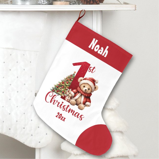 Meia De Natal Grande 1rua de Natal Bear Bear Bebê Nome Vermelho (1st Christmas Teddy Bear Baby Boy Red Name Large Christmas Stocking)