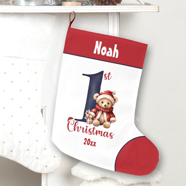 Meia De Natal Grande 1rua de Natal Ursinho Marinho Vermelho (1st Christmas Teddy Bear Baby Boy Navy Red Name Large Christmas Stocking)