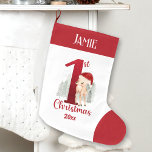 Meia De Natal Grande 1rua de Natal Vivo Santa Hat Nome Vermelho<br><div class="desc">1rua de Natal a empatar para uma menina ou bebê com veado de Natal bonitinho com chapéu de Papai Noel na floresta nevada e grande número vermelho. Personalize facilmente o nome e o ano. - Kate Eden Art</div>
