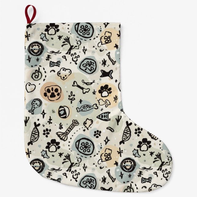 Meia De Natal Grande Abstract Winter Doodle Pet Stocking with Paw Print (Frente)