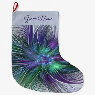 Meia De Natal Grande Abstrato de Arte de Flor Verde Roxo Nome Próprio