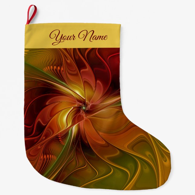 Meia De Natal Grande Abstrato Red Orange Fractal Art Flower Name (Frente)