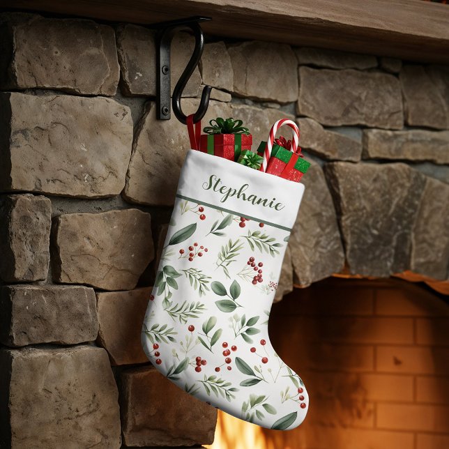 Meia De Natal Grande Adornos de Natal Personalizados com Folhagem e Bag (Personalized Christmas Greenery & Red Berries Large Christmas Stocking)