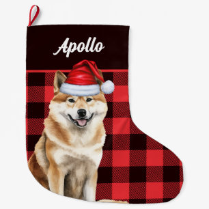Meia De Natal Grande Akita Cute Dog Red Buffalo Xadrez com Nome