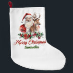 Meia De Natal Grande Amoras ocas vermelhas clássicas | Papais noeis com<br><div class="desc">Papais noeis clássicos impressionantes de ilustração eterna com renas,  com um guião festivo "Feliz Natal". Personalize facilmente o texto ou deixe-o vazio - a decoração perfeita para sua casa de Férias</div>