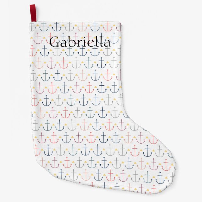 Meia De Natal Grande Âncoras náuticas azuis (Frente)