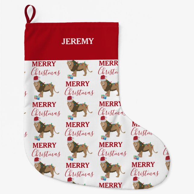 Meia De Natal Grande Animal engraçado do Leão de Natal com Papai Noel (Frente)