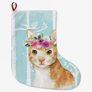 Meia De Natal Grande Animal feliz com as flores no gatinho azul do